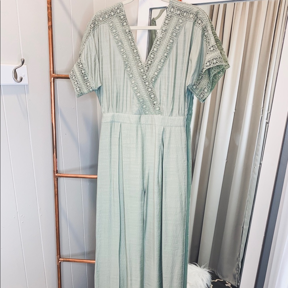 Jumpsuit w/ Crochet Detail & Trim - Sage Green